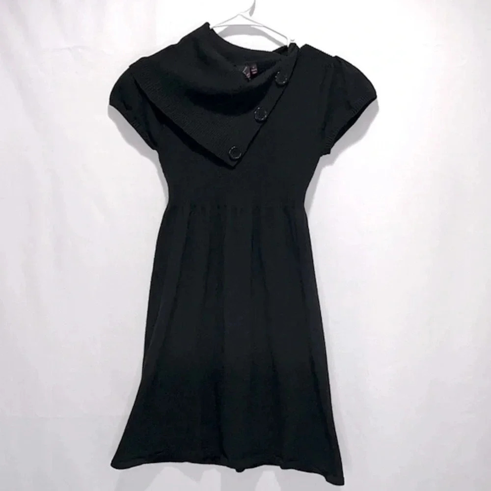 Imperfect black mini sweater dress ribbed top cute buttons stretchy XXS XS